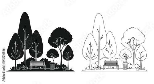 Black and white illustrations of park trees and a bench
