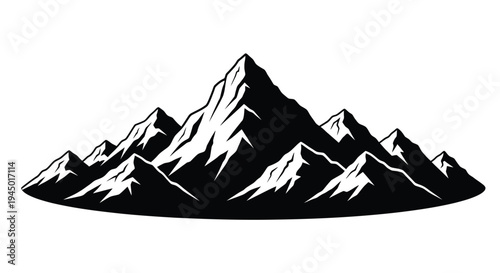 Stylized black and white illustration of a mountain range landscape