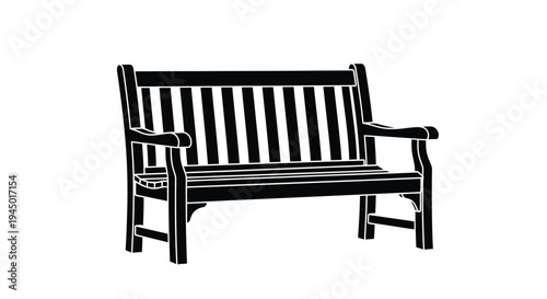 A stark black and white illustration of a classic wooden park bench