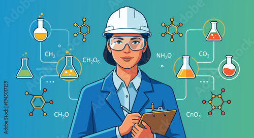 Chemical Engineer Portrait

Flat vector illustration portrait of a confident chemical engineer wearing safety helmet, lab coat, and goggles, holding a clipboard or tablet. Simple background