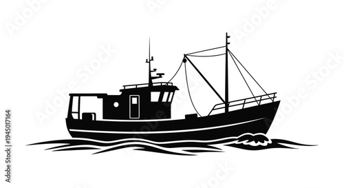 Simple black and white illustration of a fishing boat on water