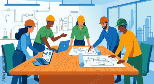 Chemical Engineer Collaborating with Team

Flat vector illustration of chemical engineers discussing production plans around a table with diagrams and laptops. Flat vector style, teamwork and engineer