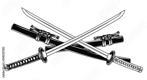 Two crossed japanese katanas with detailed hilts and blades a striking black silhouette high quality professional