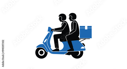 Two people on a blue scooter with a delivery box