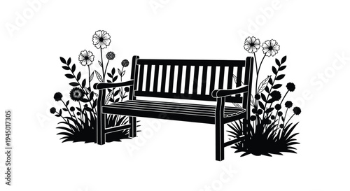 A black and white illustration of a park bench surrounded by wildflowers