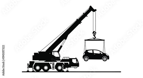 A black and white illustration of a crane lifting a compact car