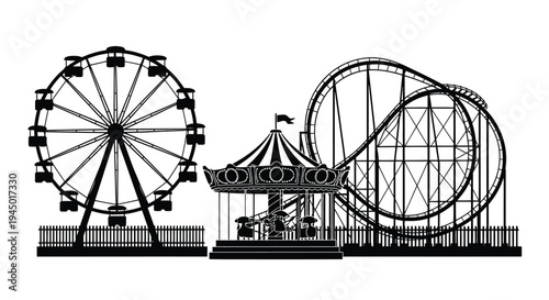 Amusement park rides including a ferris wheel rollercoaster and carousel