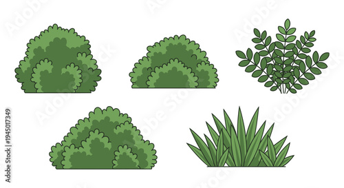 A collection of stylized green bushes and shrubbery presented as a flat design silhouette high quality