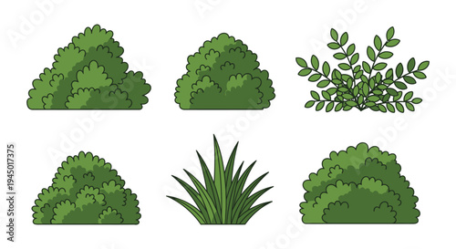 A collection of various green shrub and bush illustrations presented as a decorative silhouette high quality