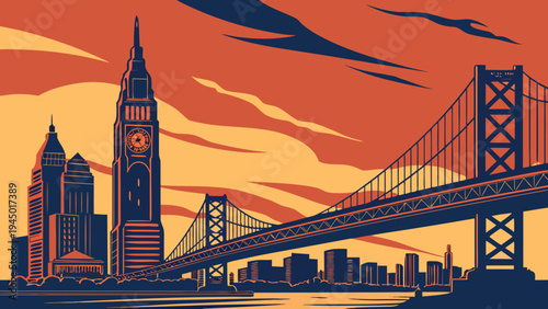 Stylized Urban Skyline with Suspension Bridge and Tall Clock Tower Against Dramatic Sunset Sky philadelphia skyline vector