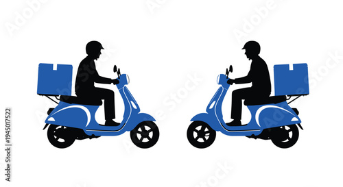Two delivery scooters with riders and insulated boxes side by side