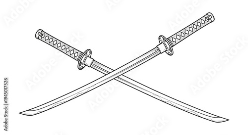 Two crossed japanese katanas are displayed in a striking black outline silhouette high quality professional detailed
