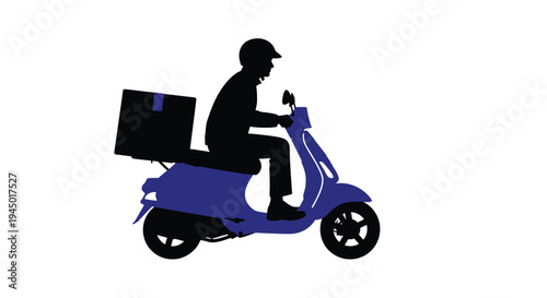 Silhouette of a delivery person riding a blue scooter with a box