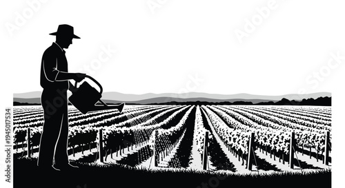 A farmer waters crops in a field with a distant landscape