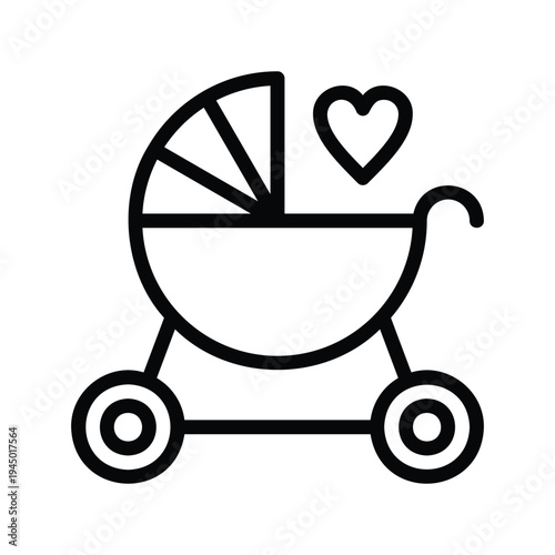 Baby Stroller With Heart Symbol. Single Line Icon.