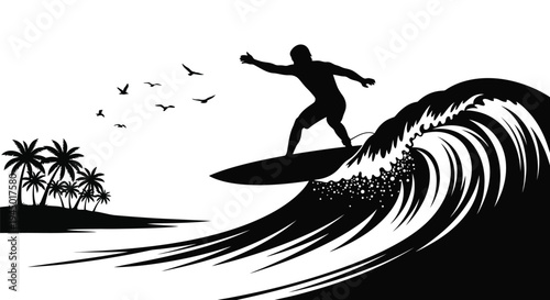 Silhouetted surfer riding a large wave with palm trees and birds