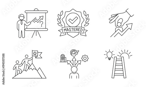 Business management and HR development icon set. Features corporate training, mastered certification, talent coaching, teamwork mountain climb, career choices, and ladder to success in thin line style