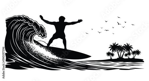 Silhouette of a surfer riding a large wave near a tropical island