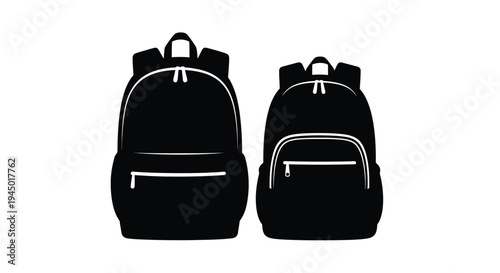 Two black backpacks shown in a simple graphic silhouette style