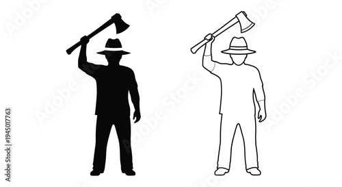 Two illustrations of a person raising an axe overhead one solid and one outline