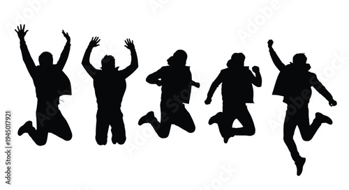 Silhouettes of five people jumping mid air against a white background