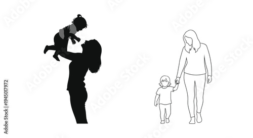 Family silhouette showing a mother with two children walking together