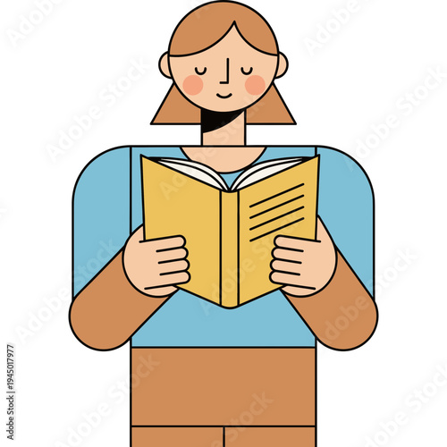 Woman reading book indoors with happy expression on face