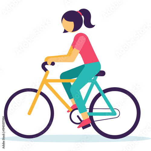 A woman rides bicycle through city streets on sunny day