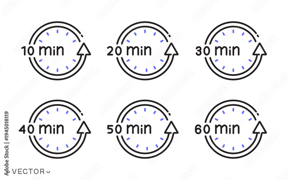 Obraz premium set of cooking or preparation time icon, clock icon collection, timer duration, countdown from 60 to 10 minute, thin line symbol isolated on white background, editable stroke eps 10 vector
