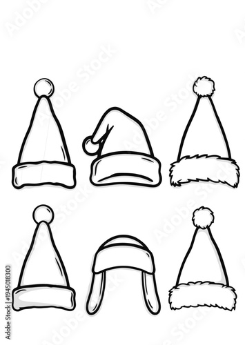 Collection of Hand Drawn Christmas Santa Claus and Winter Earflap Hats in Black and White Outline Style Isolated on White Background for Coloring Books