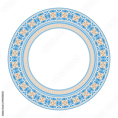 Oriental round porcelain plate with floral golden blue pattern. Ethnic Asia ornament of the nomadic peoples of Asia, Kazakh, Kyrgyz, Mongol. For round ceramic, textile, porcelain, plate, embroidery. 