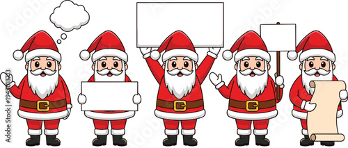Cute Santa Claus Cartoon Character Set Holding Blank Sign Boards and Scrolls for Christmas Holiday Announcements Greeting Cards and Seasonal Marketing Isolated on White Background