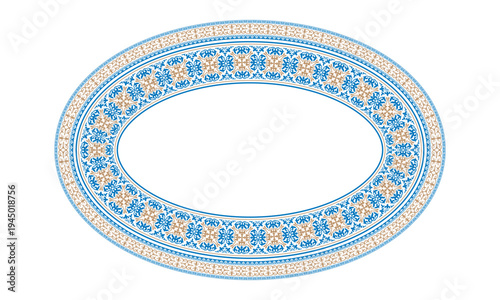 Oriental oval plate with golden blue pattern on a white background. Oriental vintage plate with arabesque and floral pattern. Vector illustration. Ornament for embroidery, ceramic, mirror 