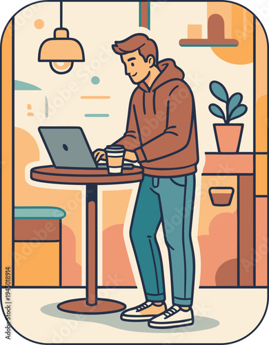 Adult male stands at a high counter utilizing a portable computer and holding a takeaway beverage cup indoors.