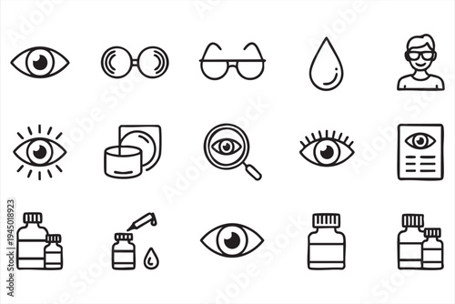 Eye care and optometry icon set with glasses contact lens and medical symbols