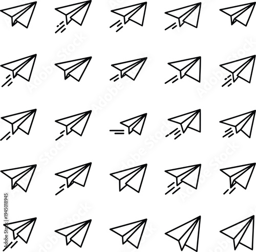 Outline vector icons of paper airplanes. Minimalist line art representing sending messages, startup launch, travel, and communication concepts with various motion trails.