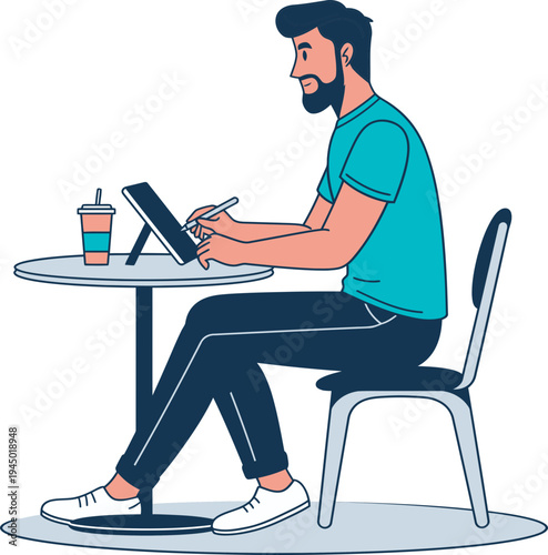 Bearded man draws on a digital tablet while sitting at a high round table with a takeout drink nearby.