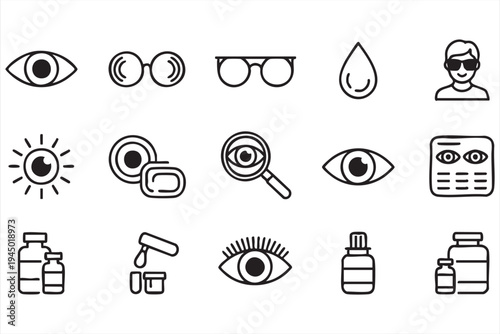 Minimal eye clinic and optical care vector icon pack for medical graphics