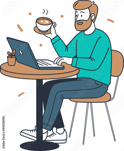 Bearded man smiles while holding a steaming cup of coffee over his open laptop during a remote work session.