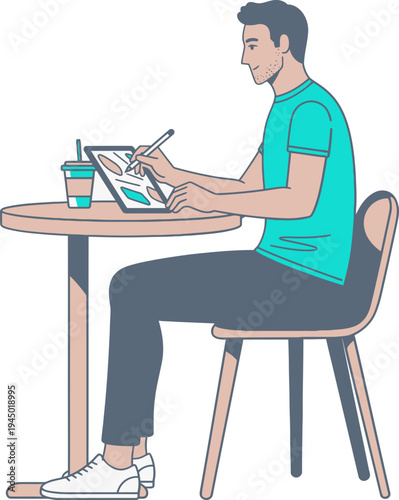 Male graphic designer uses a stylus to draw on a digital tablet while sitting alone at a small round table with a beverage.