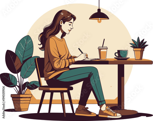 Smiling woman with long brown hair diligently records information in a physical journal at an outdoor or indoor cafe table.