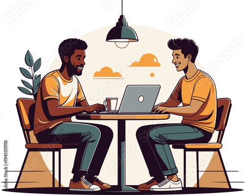 Two diverse male colleagues collaborate happily while working on a laptop computer together at a small restaurant table.