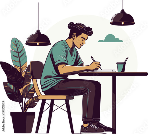 Young man with a top knot hairstyle focuses intensely while writing notes at a modern cafe table.