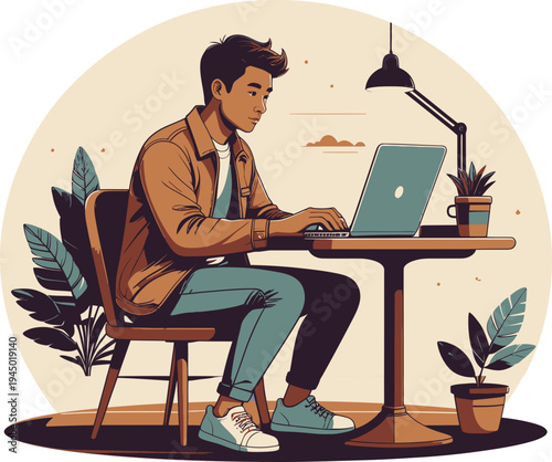 Young man sits at a small table typing diligently on a laptop computer in a bright indoor setting.