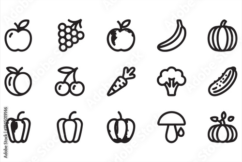 Fresh produce line icons collection with apple banana carrot and broccoli