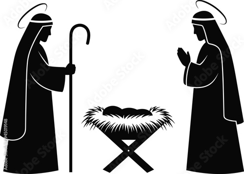 Nativity scene silhouette, baby Jesus manger, Mary and Joseph prayer, Christian Christmas story symbol, religious holiday vector illustration