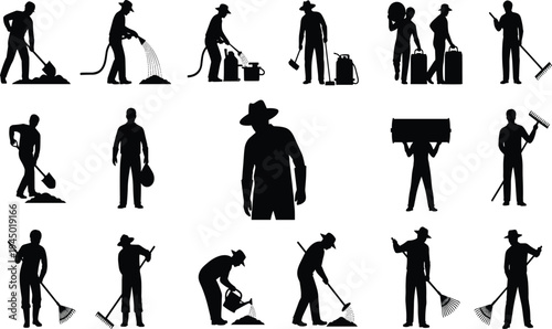 Black silhouette vector illustration set of farmers and gardeners working with shovels, rakes, and watering cans isolated on white for agriculture and farming design.