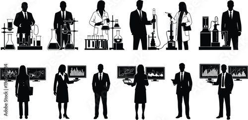 Black silhouette vector illustration set of scientists working in laboratory with flasks and researchers analyzing financial data on computer monitors isolated on white background.