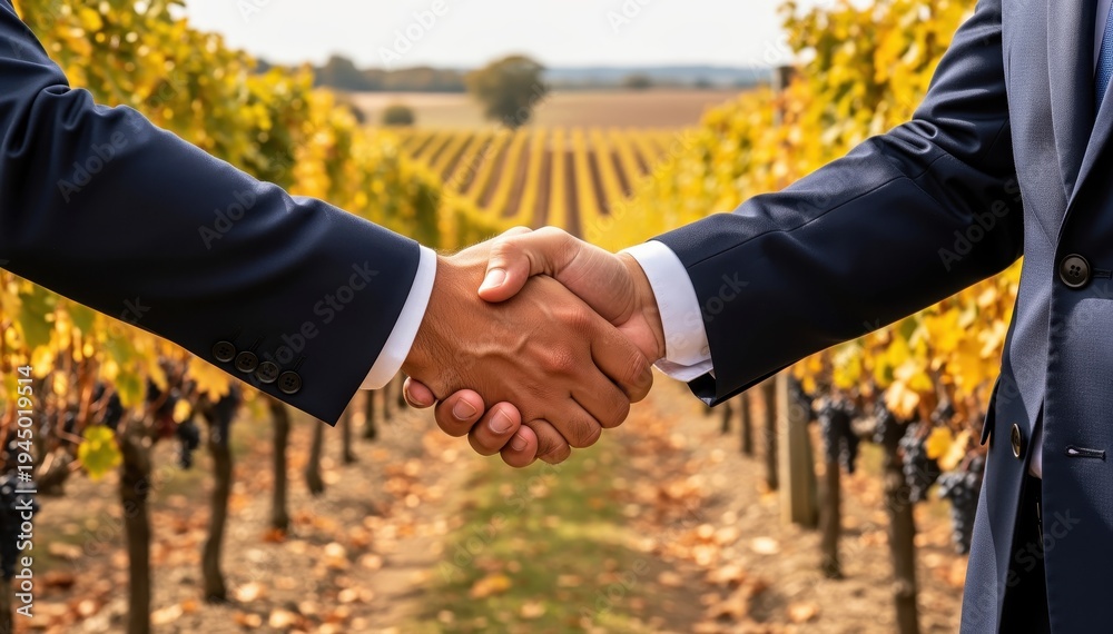 Obraz premium Vineyard Pact: A symbolic handshake seals a partnership against a backdrop of sun-kissed grapevines, embodying a blend of trust and commitment in the realm of business.