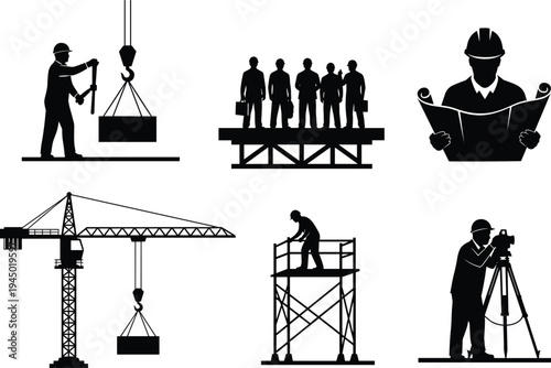 Black vector silhouette collection of professional construction workers including engineers with blueprints surveyors and crane operators working on a building site on white.
